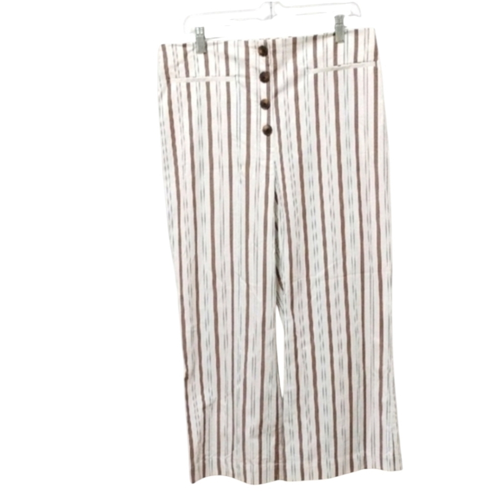 Ann Taylor Factory Striped Wide Leg Trouser Pants Linen Look Size 12 Cream - Picture 2 of 5